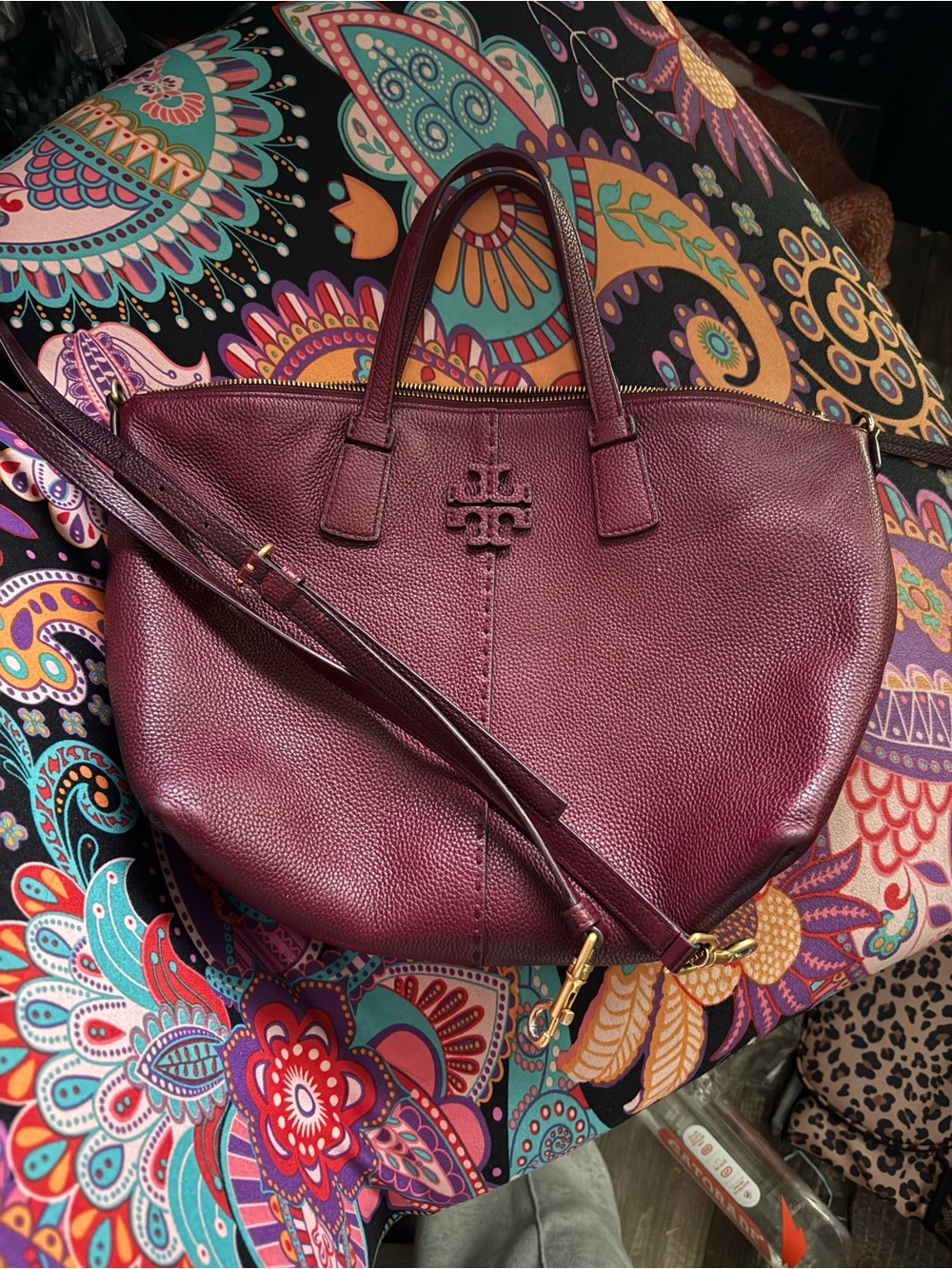 Tory Burch Pebbled Leather Tote in Deep Plum
